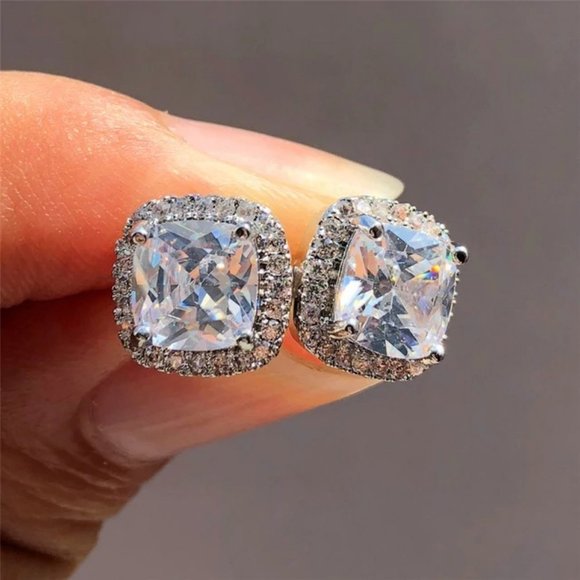 *NEW Silver Cushion Diamond Halo Stud Earrings - Picture 2 of 8